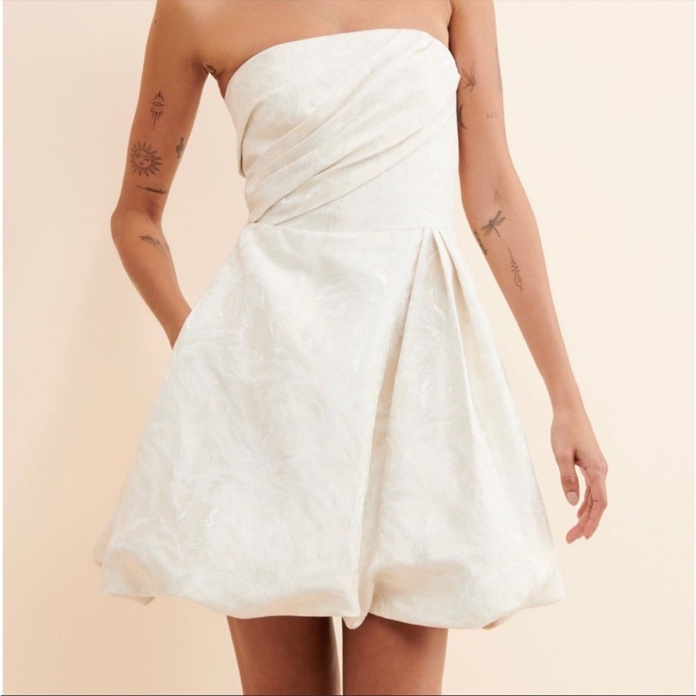 MONIQUE LHUILLER Ivory White Jacquard Strapless Wedding Minidress Size 4 - Picture 4 of 16